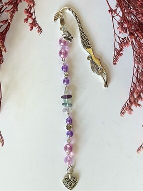 Mermaid Handmade Beaded Bookmark Purple Pink Heart Charm Cute Gift